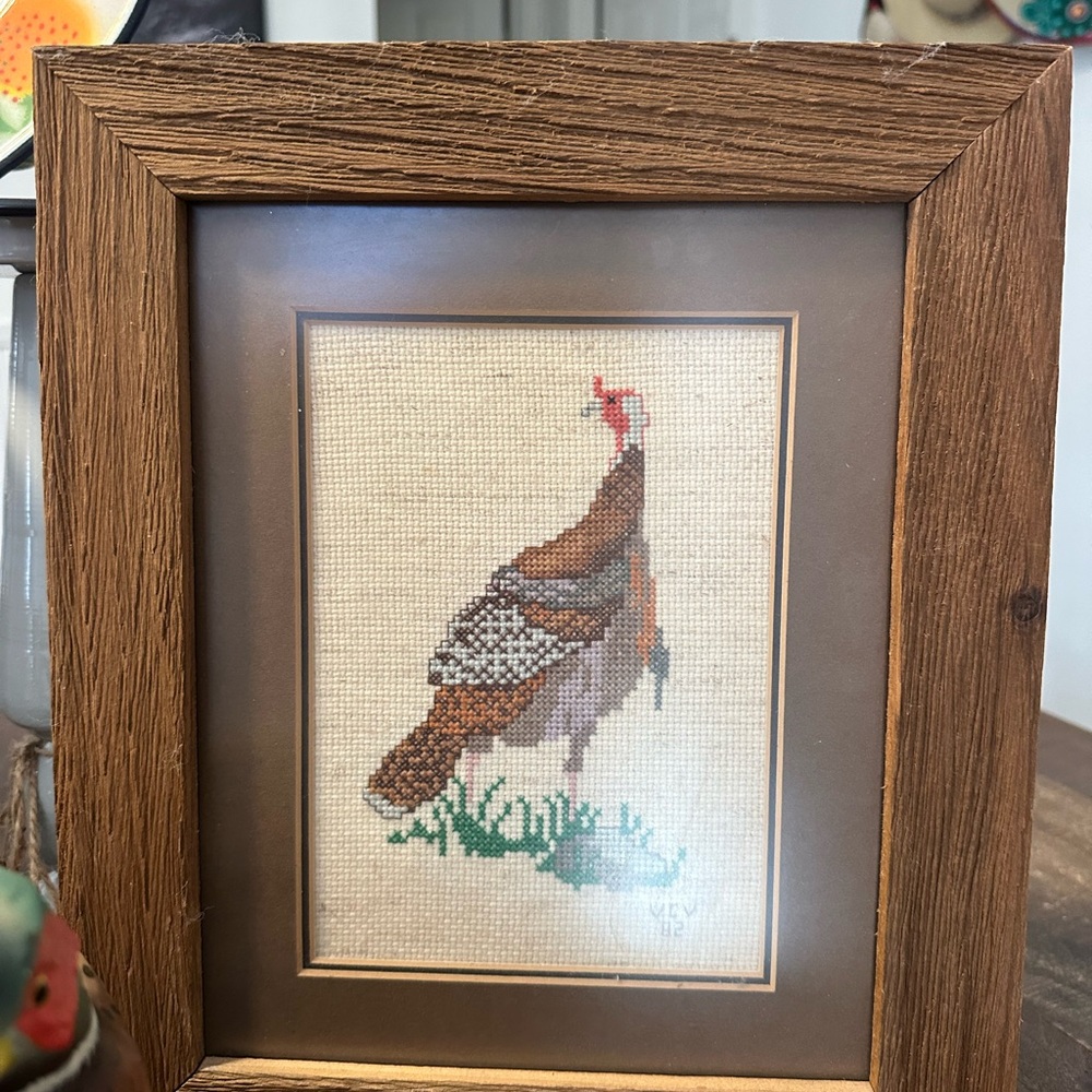 Rustic Framed Turkey Embroidery Cross Stitch Art